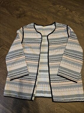 Boho Striped Open-Front embroided Jacket in White, Black & Peach